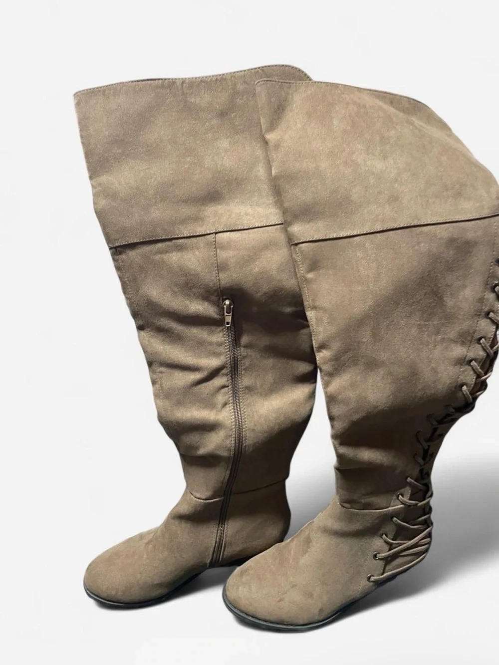 Women's Over-the-Knee Faux Lace-Up Boots in Taupe